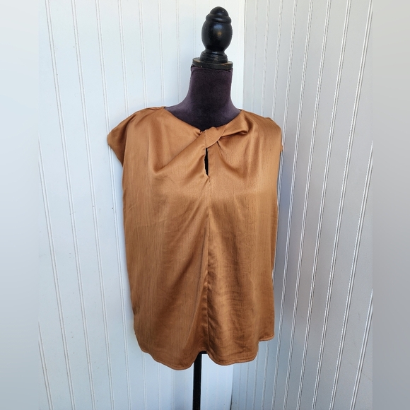 Nine West Brown Tan Womens Boho Sleeveless Satin Knot Detail Textured Top XL - Picture 1 of 13